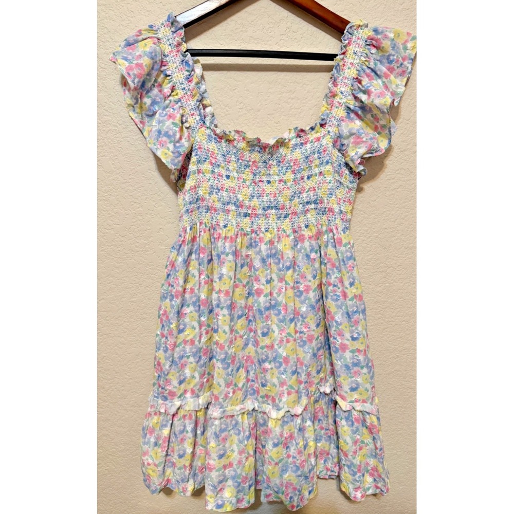 LoveShackFancy Nadja Rainbow Smocked Floral Mini Dress S Pastel Cotton Pockets